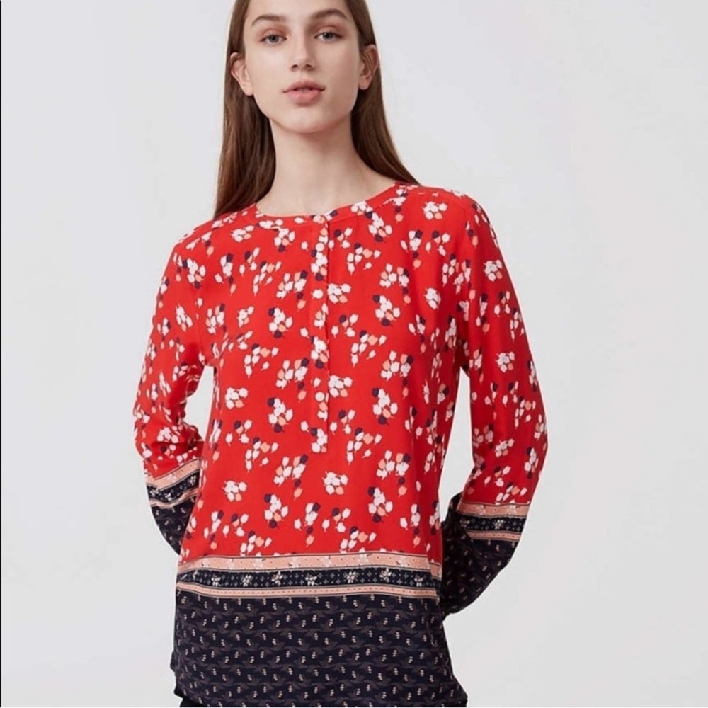 LOFT Long Sleeve Multi Pattern Floral Border Henley Blouse Size Medium
